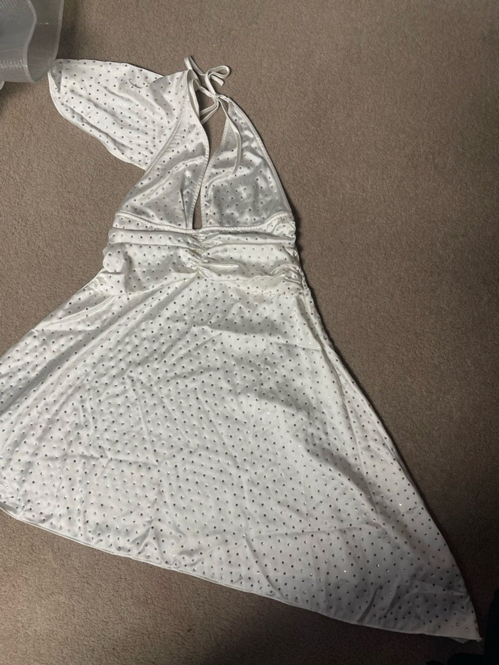White Halter Chemise with Dotted Texture and Ruched Waist